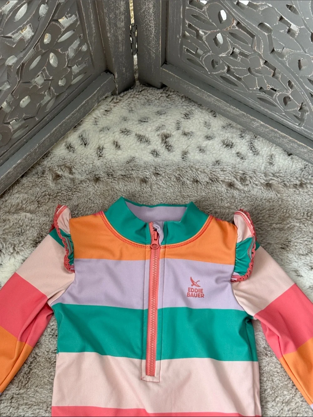 Eddie Bauer long sleeve swimsuit baby girls 18 months stripes ruffles beach